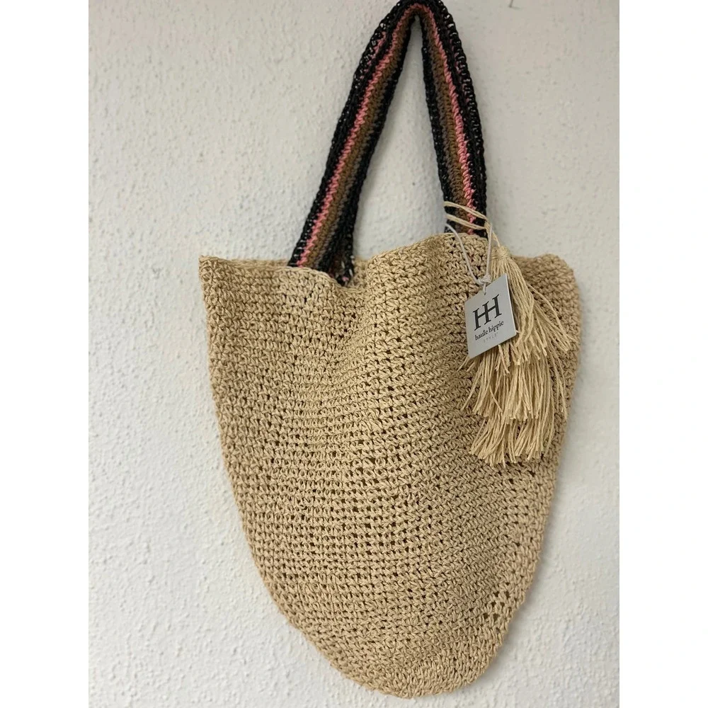 Haute Hippie Style Woven Straw Tote Bag Beige Tan Striped Straps Tassel NWT